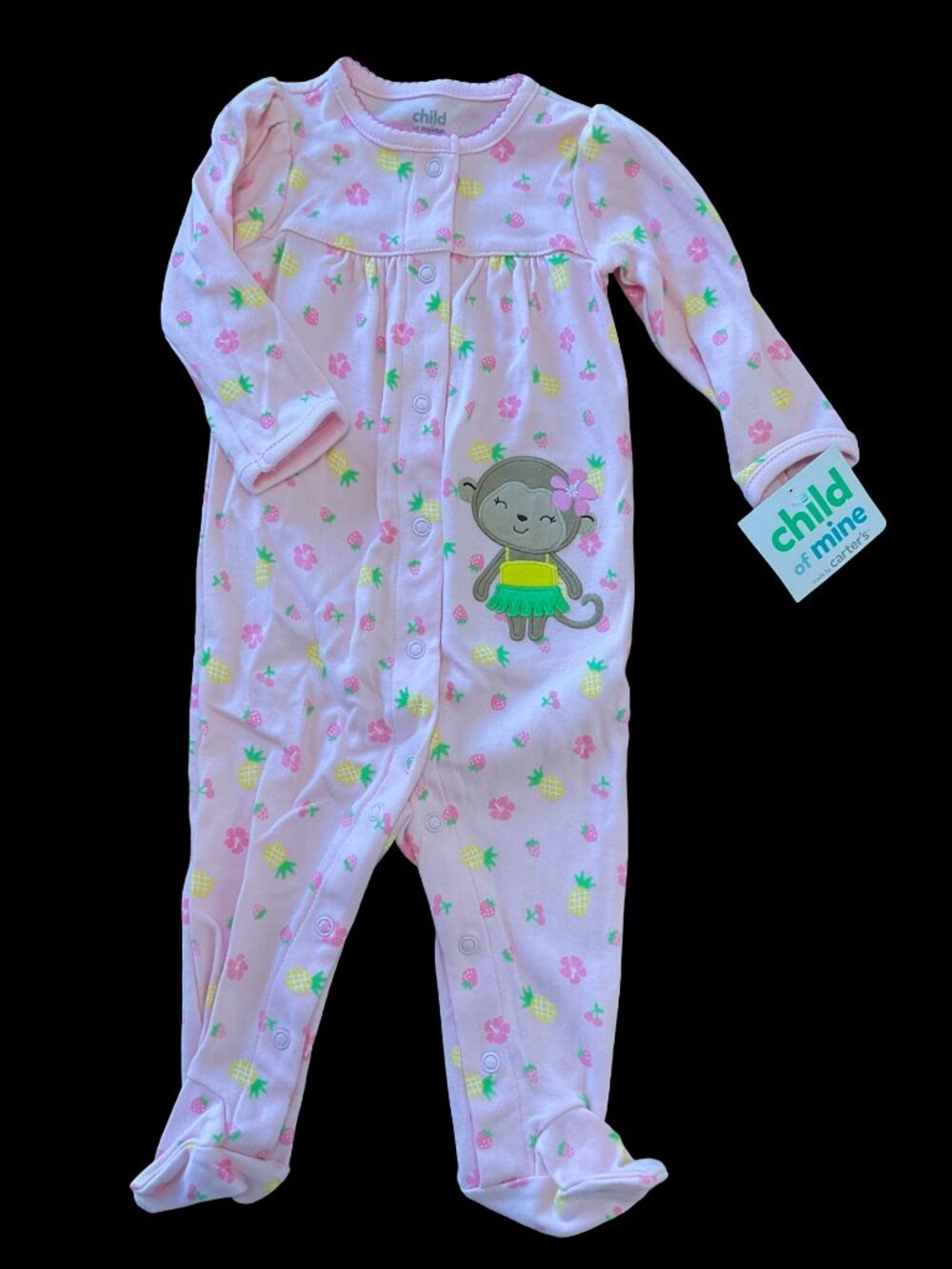 👣 5/$25 - Pink Tropical Fruit Print Sleeper w/ Monkey Applique
